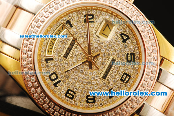 Rolex Day-Date Automatic Movement Gold Case with Diamond Dial and Diamond Bezel-Black Number Marking - Click Image to Close